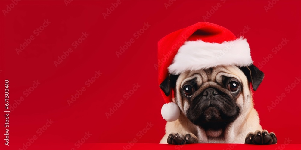 Festive Pug: Puppy in Santa's Hat on Red Backdrop. Generative ai Festive Pug: Puppy in Santa's Hat on Red Backdrop. Generative ai