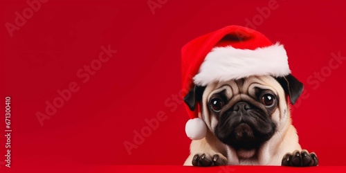 Festive Pug: Puppy in Santa's Hat on Red Backdrop. Generative ai © Scrudje