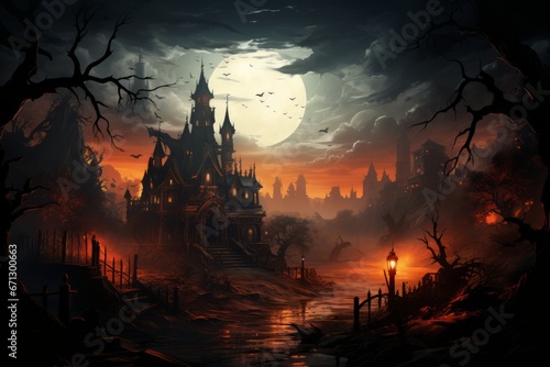 A dark manor, haunted castle, abandoned house in the night with a giant moon and orange light photo