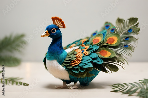 Felt Peacock Ornament, plain white wall background