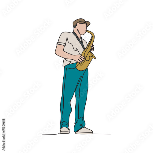 One continuous line drawing of Saxophonist vector illustration. Saxophonist  illustration simple linear style vector concept. Music player design suitable for your asset design.