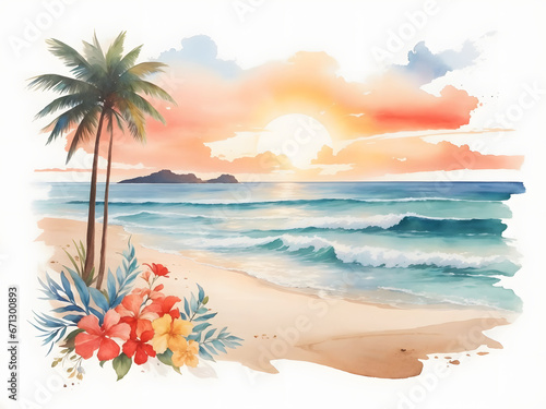 beach with palm tree ,water color