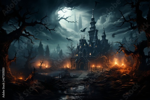 Wooden Haunted house with pumpkins. Full moon. Spooky Old house in spooky dark forest.