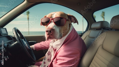gorgeous pit bull dog driving a car © takkan