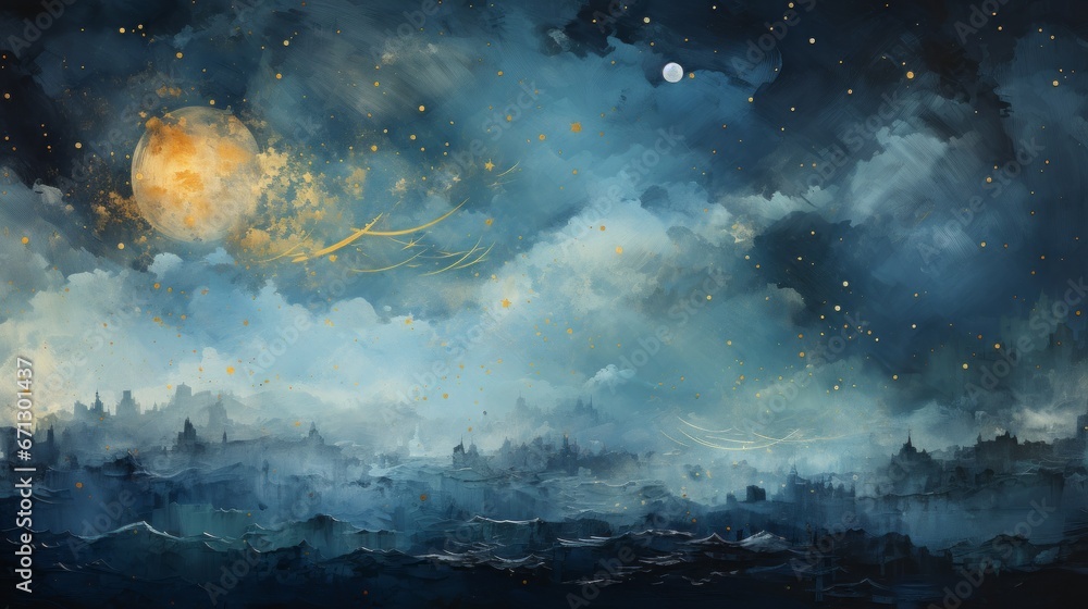 Fototapeta premium An abstract illustrated background with the moon and night sky and flowers. Generative AI. 