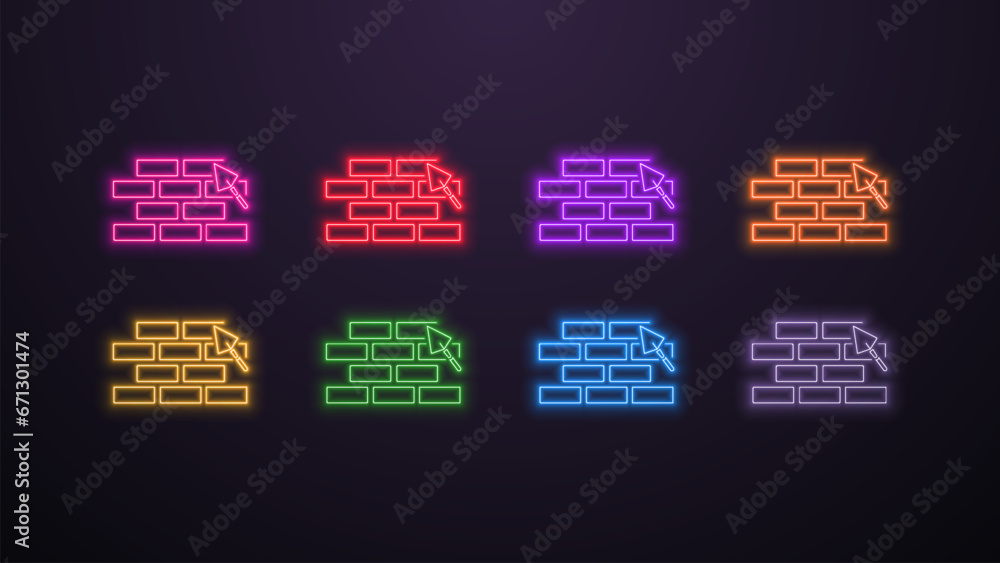 A set of neon icons with a brick wall with a plaster trowel in different colors on a dark background. A set of neon icons with a brick wall with a plaster trowel in different colors on a dark background.