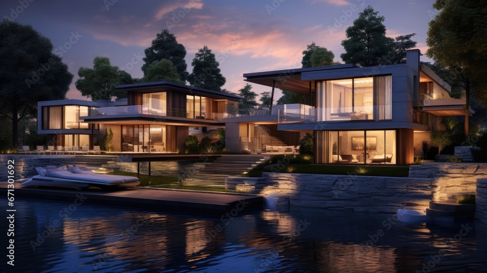3d rendering of modern house by the river at evening, house, luxury, villa, modern, architecture, building, exterior, residential, property, designer 3d rendering of modern house by the river at evening, house, luxury, villa, modern, architecture, building, exterior, residential, property, designer