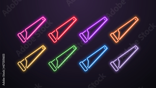 A set of LED glowing neon hand saw icons in different colors on a dark background.