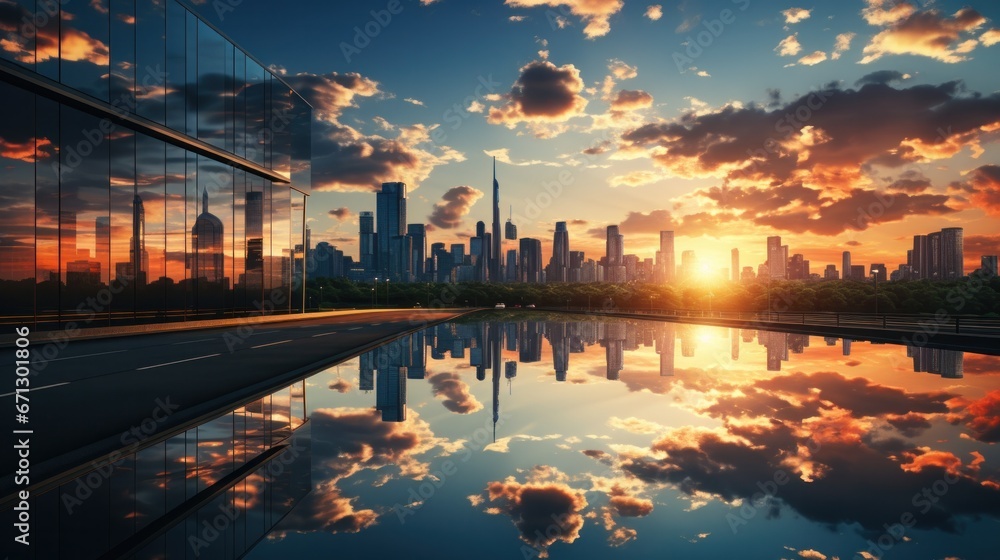 Modern office building or business center. High-rise window buildings made of glass reflect the clouds and the sunset. empty street outside  wall modernity civilization. growing up business