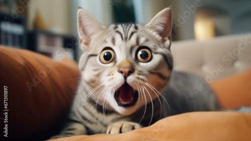 surprised cat make big eyes. American shorthair surprised cat or kitten funny face big eyes, cute, domestic, kitten, feline, Emotional surprised, kitty, wow.