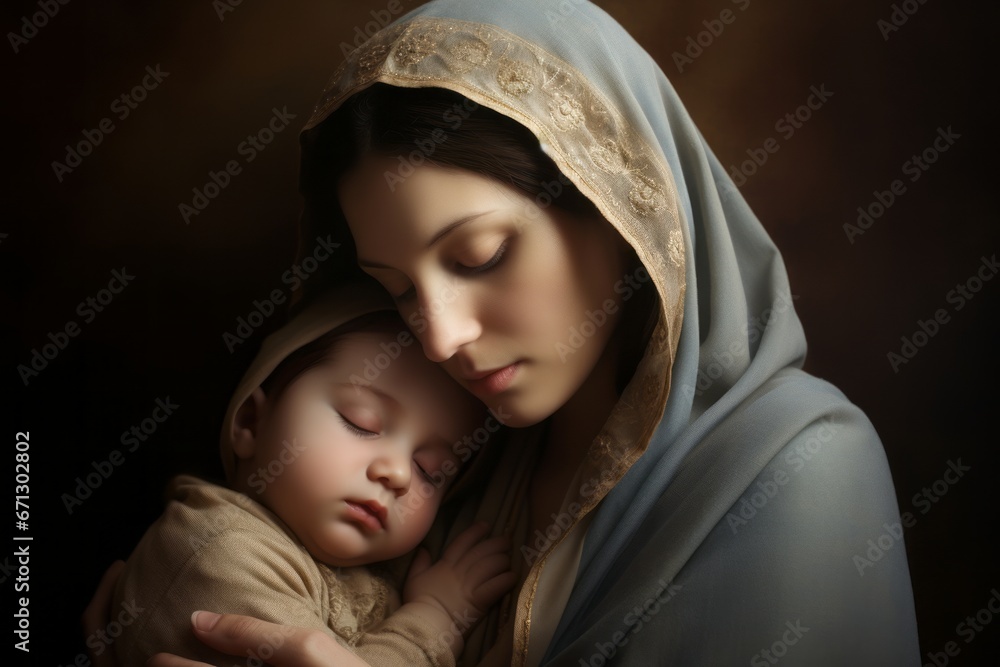 A classic representation of the Madonna and Child, emphasizing the tender bond between Mary and the infant Jesus. Generative Ai A classic representation of the Madonna and Child, emphasizing the tender bond between Mary and the infant Jesus. Generative Ai