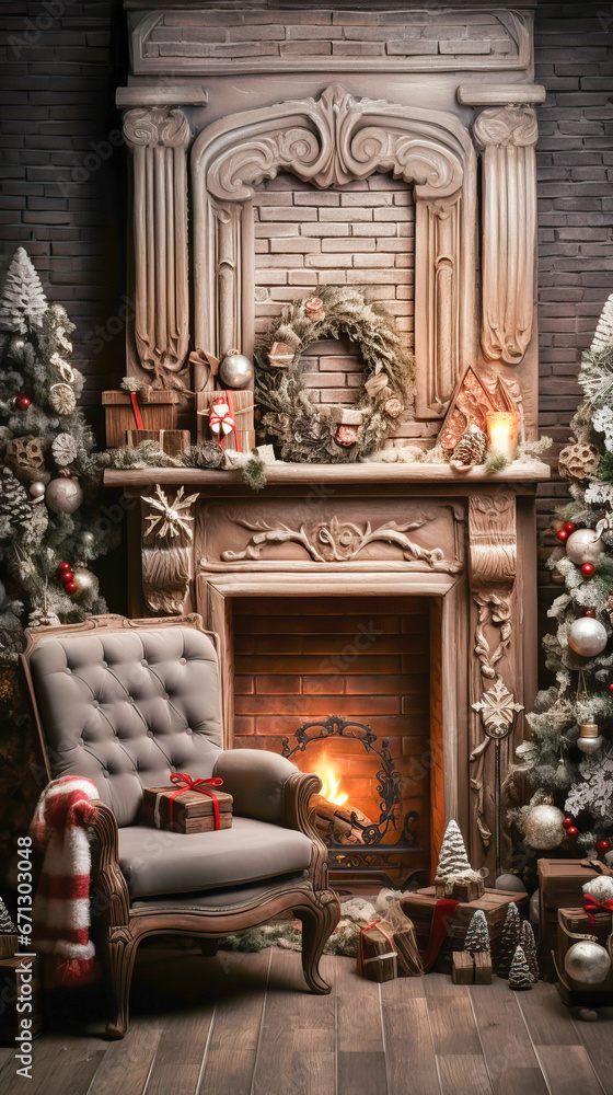 Christmas composition on the vintage chimney at the living room interior with beautiful decoration. Christmas tree and wreath, candles, stars, light. Copy space. Template. Generative AI