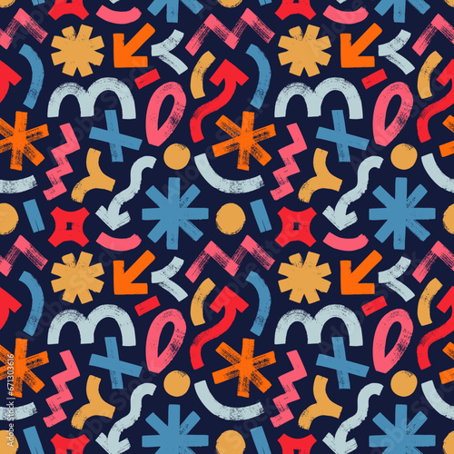Colored brush-drawn geometric shapes seamless patten. Creative minimalist style art background.