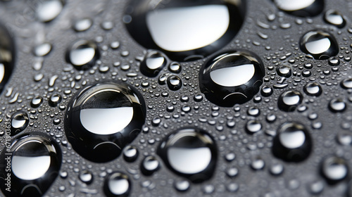 A close up of water droplets on a black surface
