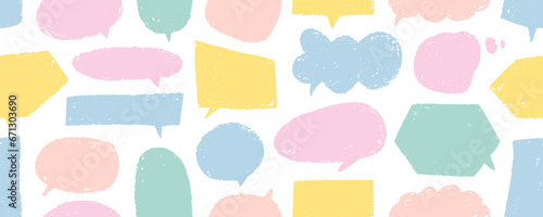 Pastel colored speech bubbles seamless banner design. Charcoal texture dialogue elements.
