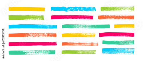 Colored highlighter bold horizontal lines set. Brush drawn vector stripes with dry brush texture.
