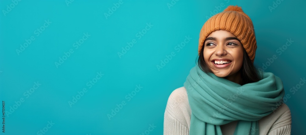 Happy Young Girl in Orange Scarf and Hat Looking into Teal Copy Space Happy Young Girl in Orange Scarf and Hat Looking into Teal Copy Space