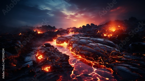 A close up view of lava flowing. Generative AI. 