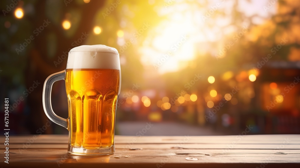 Fresh cold beer in glass and free space for your bottle on a wooden table blurred bokeh Bar interior festival background Fresh cold beer in glass and free space for your bottle on a wooden table blurred bokeh Bar interior festival background
