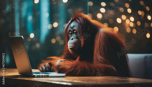 Orangutan looking at a computer