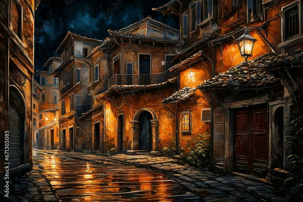 street at night in the old city, Generative AI
