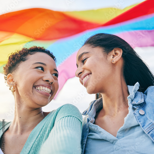 Cuadro en lienzo Happy, couple and lesbian with women in selfie, pride flag and lgbt relationship with love and happiness