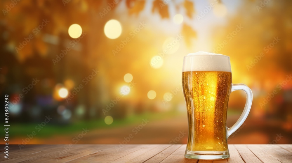 Fresh cold beer in glass and free space for your bottle on a wooden table blurred bokeh Bar interior festival background Fresh cold beer in glass and free space for your bottle on a wooden table blurred bokeh Bar interior festival background