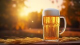 Fresh cold beer in glass and free space for your bottle  on a wooden table  blurred bokeh Bar interior festival background