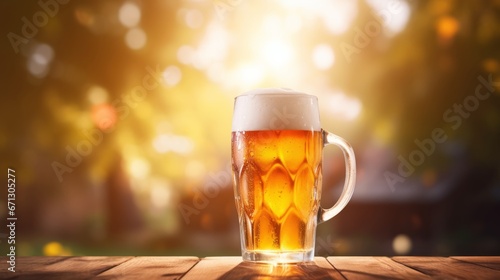 Fresh cold beer in glass and free space for your bottle on a wooden table blurred bokeh Bar interior festival background