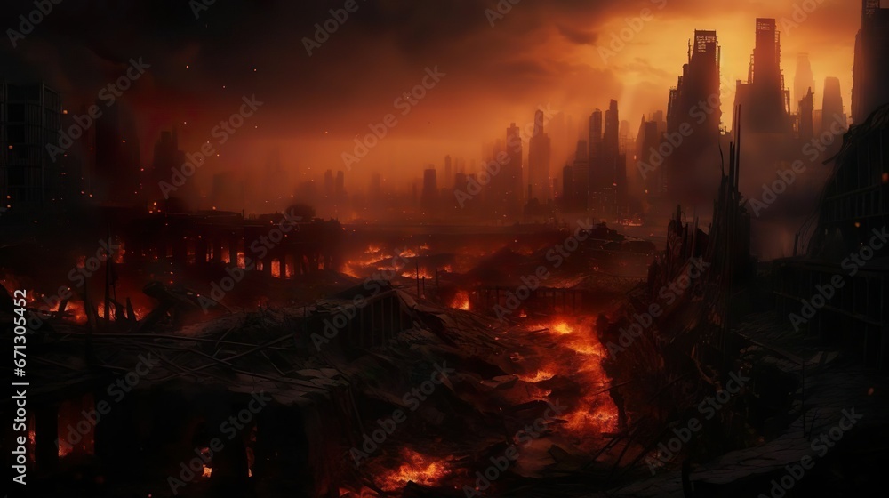 An image representing a destroyed city in a fire sto An image representing a destroyed city in a fire sto