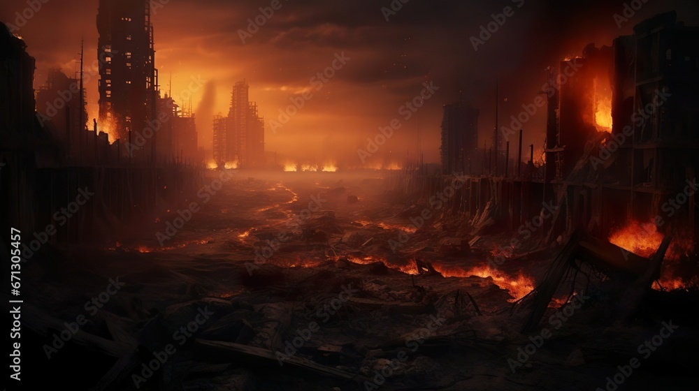 Fototapeta premium An image representing a destroyed city in a fire sto