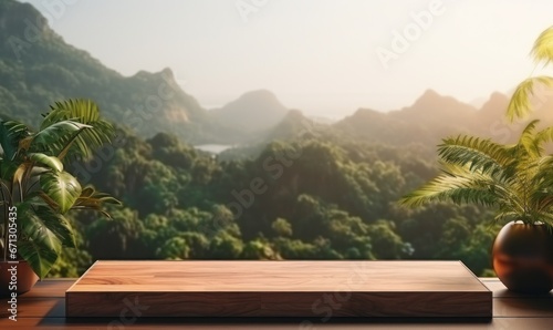 Realistic mockup podium with tropical scene for product display or showcase photo