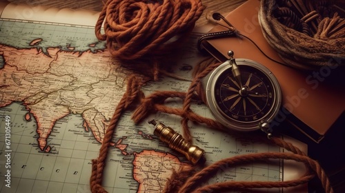 American flag and rope on treasure map on the table