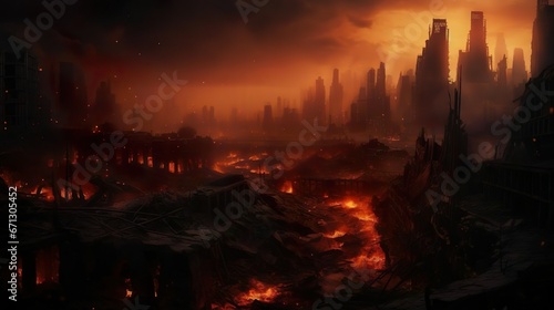 An image representing a destroyed city in a fire sto photo