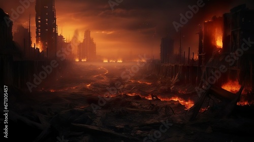 An image representing a destroyed city in a fire sto photo