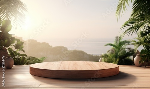 Realistic mockup podium with tropical scene for product display or showcase