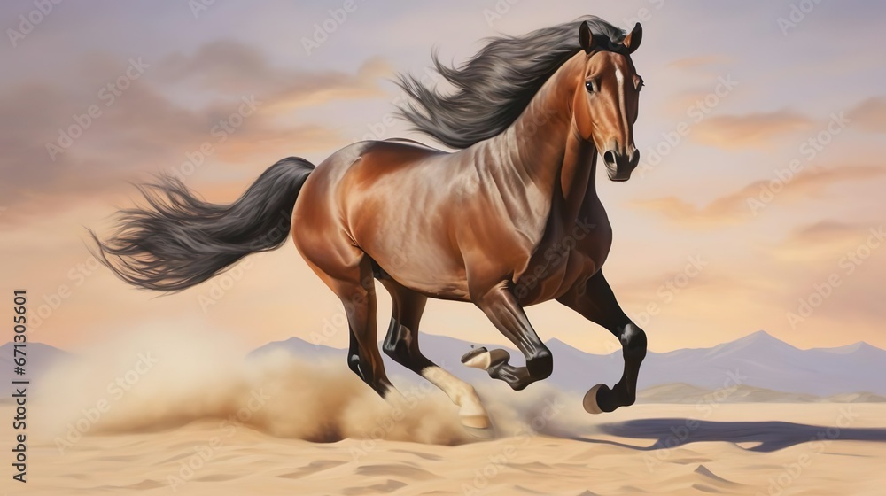 Bay horse run gallop in desert sand Bay horse run gallop in desert sand