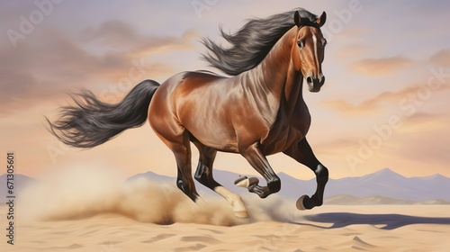 Podpalany koń biega cwał w pustynnym piasku