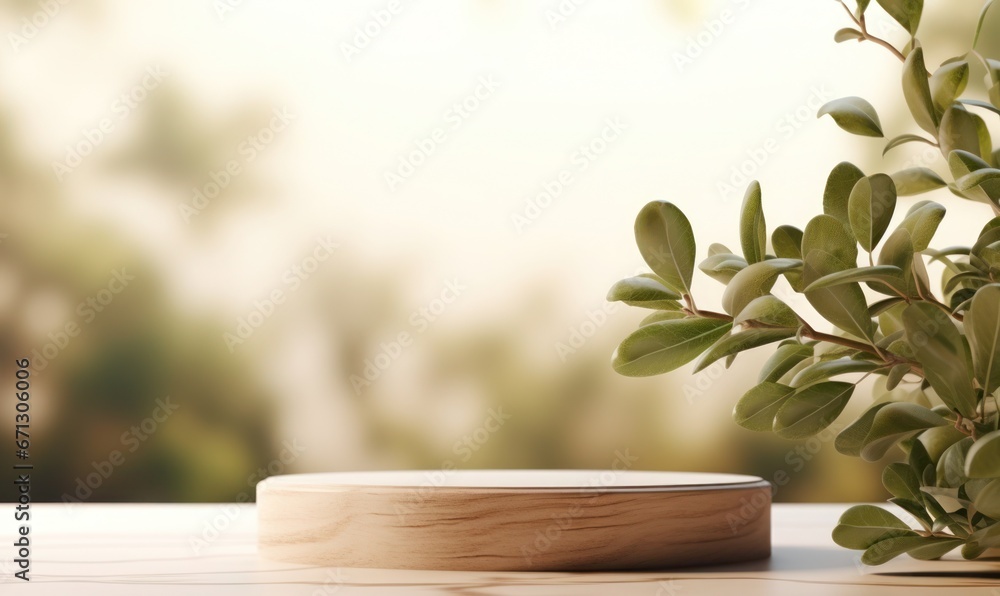 Empty wooden podium for display or product showcase with blurry background and nature scene Empty wooden podium for display or product showcase with blurry background and nature scene