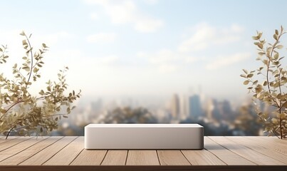 Empty wooden podium for display or product showcase with blurry background and nature scene