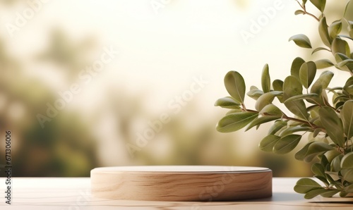 Empty wooden podium for display or product showcase with blurry background and nature scene