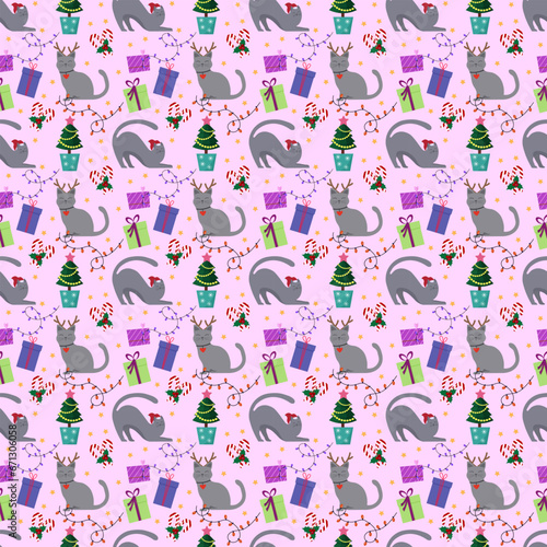 Funny cat in a New Year's hat and festive elements. Christmas and New Year seamless pattern. Boxes with gifts, candy canes, holly garlands with light bulbs, Christmas tree in a pot. Vector. For