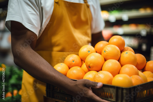 African American supermarket worker holding oranges box