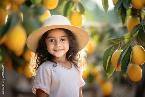 Adorable little Latin American girl posing among mango trees