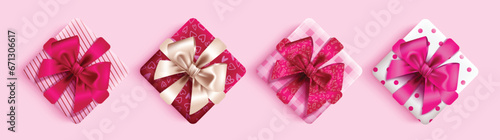 Valentine's gifts vector set design. Valentine's day gift boxes surprise and present elements in pattern, stripe and dots wrapper. Vector illustration gift boxes collection.
