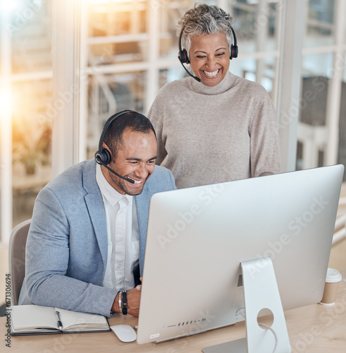 Training, happy man or senior manager in call center coaching telemarketing in customer services. Contact us, crm training or funny leader teaching an insurance agent on new job tasks on a computer