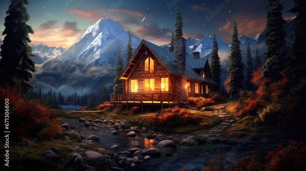 A cozy cabin in the mountains with a starry sky above.