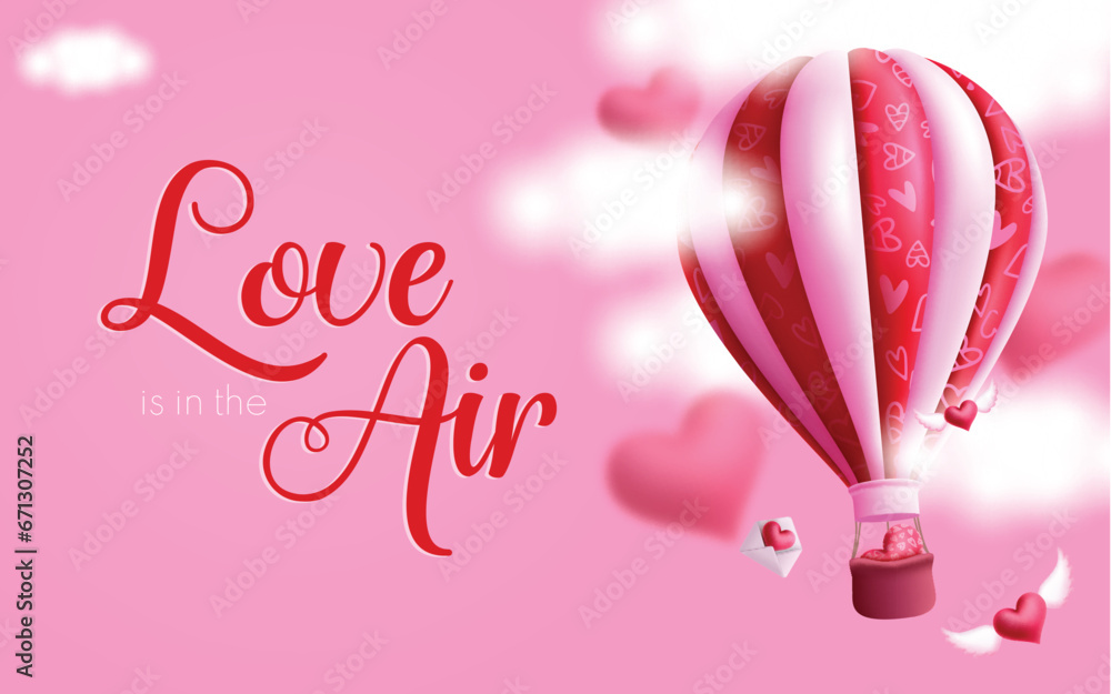 Valentine's air balloon vector design. Love is in the air greeting text with hot sir balloon floating and love letter flying in the sky background. Vector illustration hearts day invitation card.
