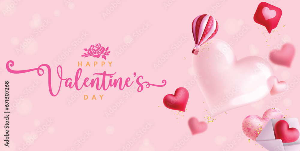 Happy valentine's day text vector design. Valentine's greeting card with heart balloons and  air balloon flying decoration valentine elements. Vector illustration heart's day invitation card.
