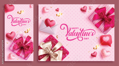 Happy valentine's day text vector set vector design. Valentine's day greeting card with gift boxes and heart balloons for invitation banner and poster collection. Vector illustration holiday season 